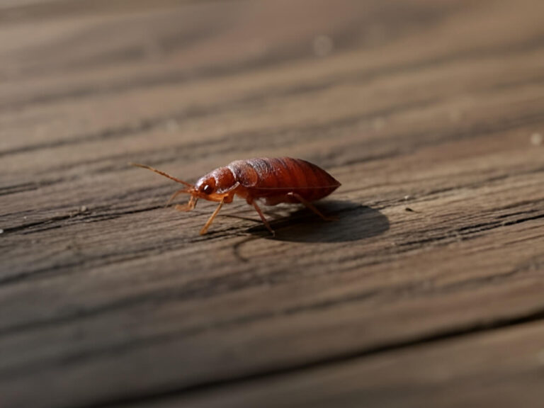 a bed bug on wooden floor