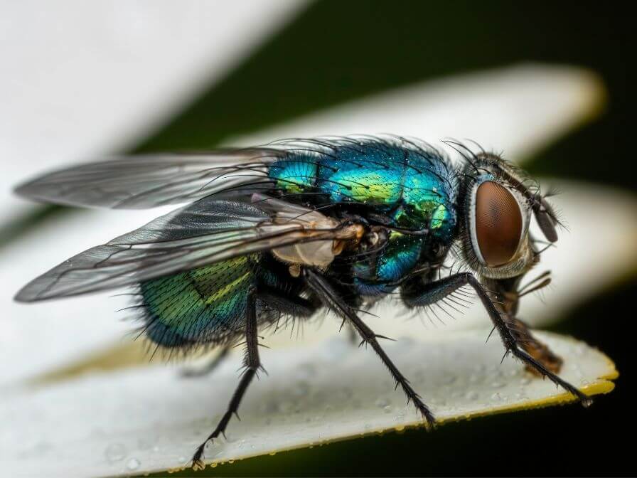 a blow fly on a white petal