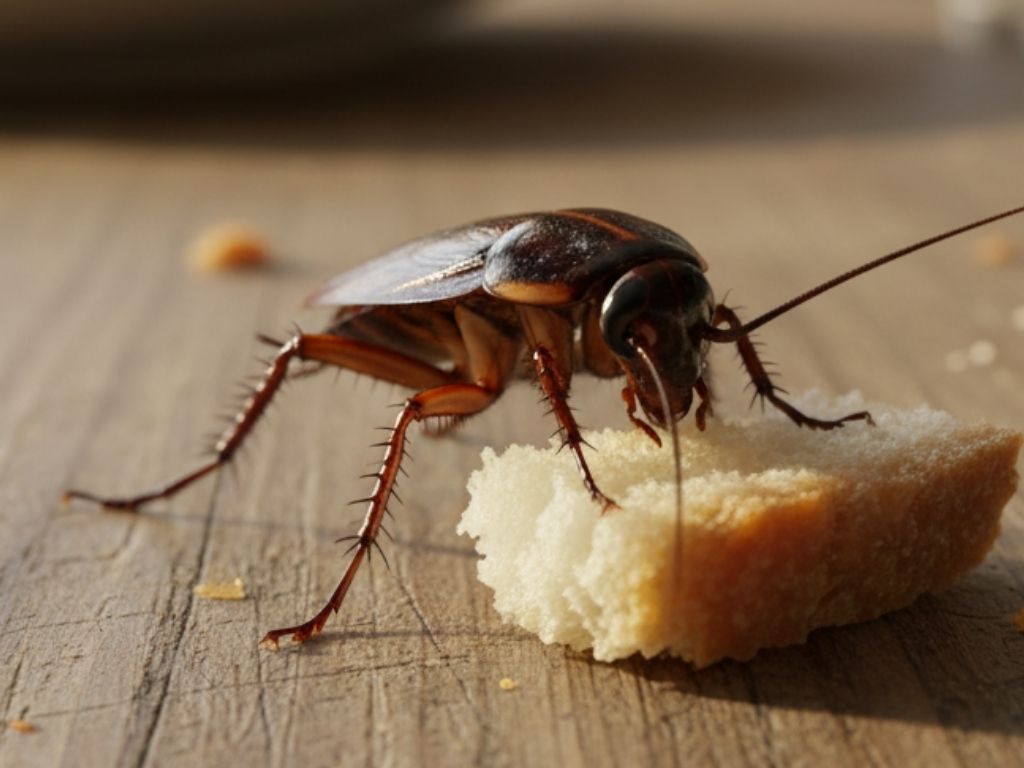 a cockroach eating a bread crumb