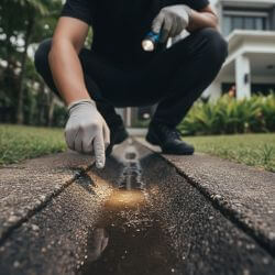 a technician pointing at a drain with stagnant water