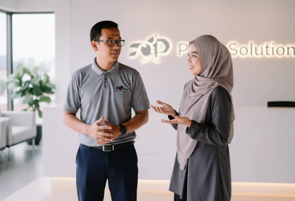 A-Flick technician debriefing his client in an office