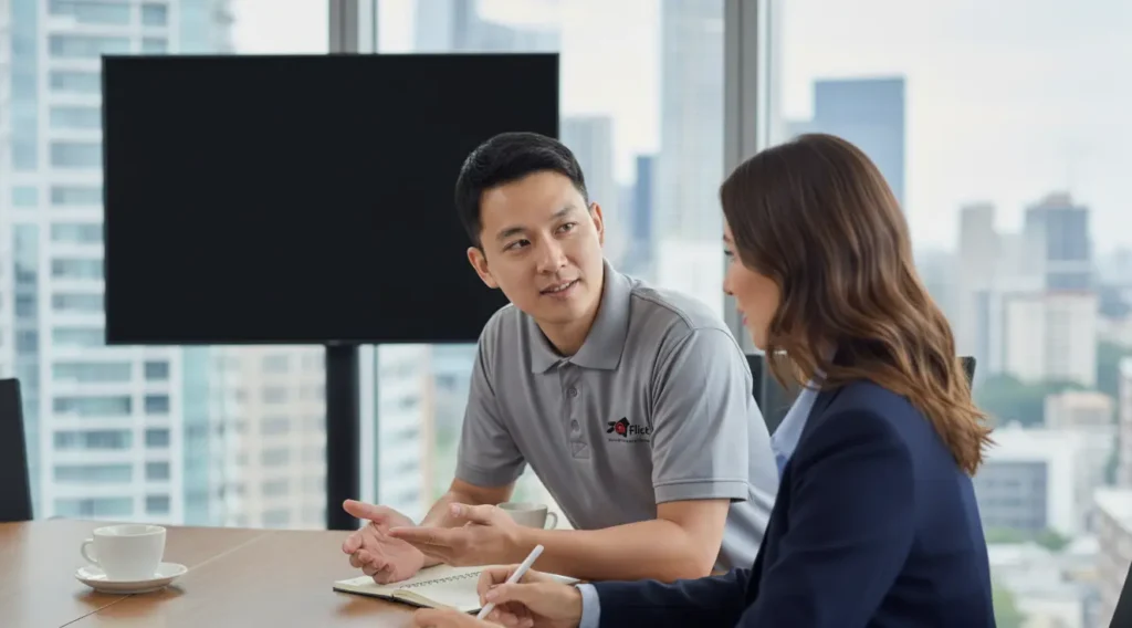 A-Flick expert discussing with client in a meeting room