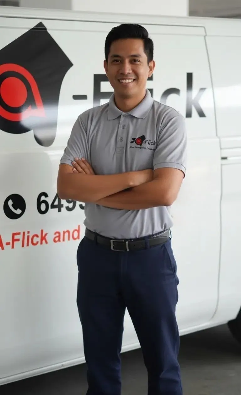 a-flick technician posing beside his van