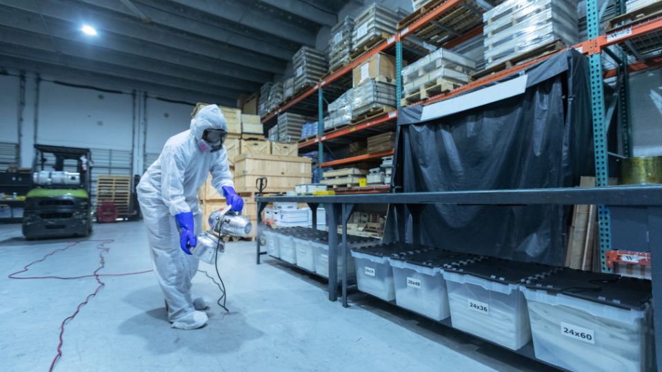 a technician conducting space spray in a warehouse