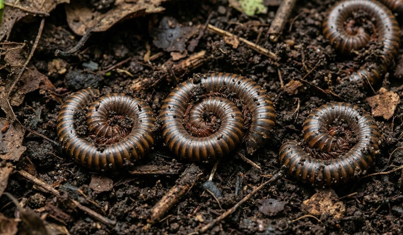 a few curling millipedes on soil debris