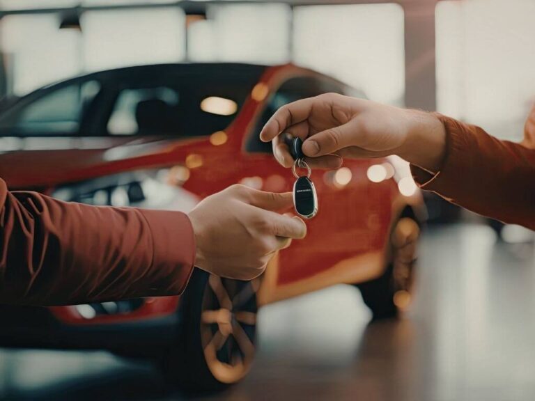 someone passing a car key to the new car owner in a sales gallery representing done deal