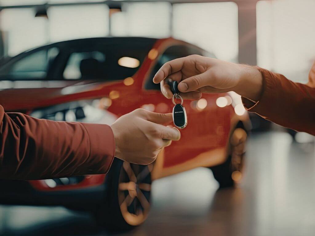 someone passing a car key to the new car owner in a sales gallery representing done deal